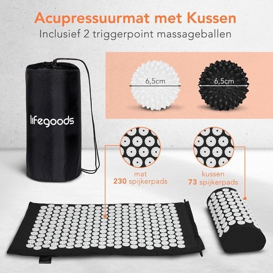 LifeGoods Akupressurmatte mit Kissen - Shakti Matte - Nagelmatte inkl. 2x Triggerpunkt Ball - 66x40x2cm - Schwarz/Weiß