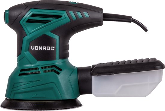 VONROC Exzenterschleifer - 300W - Ø125mm - Mit Staubauffangbox & 12 Stück Schleifpapier