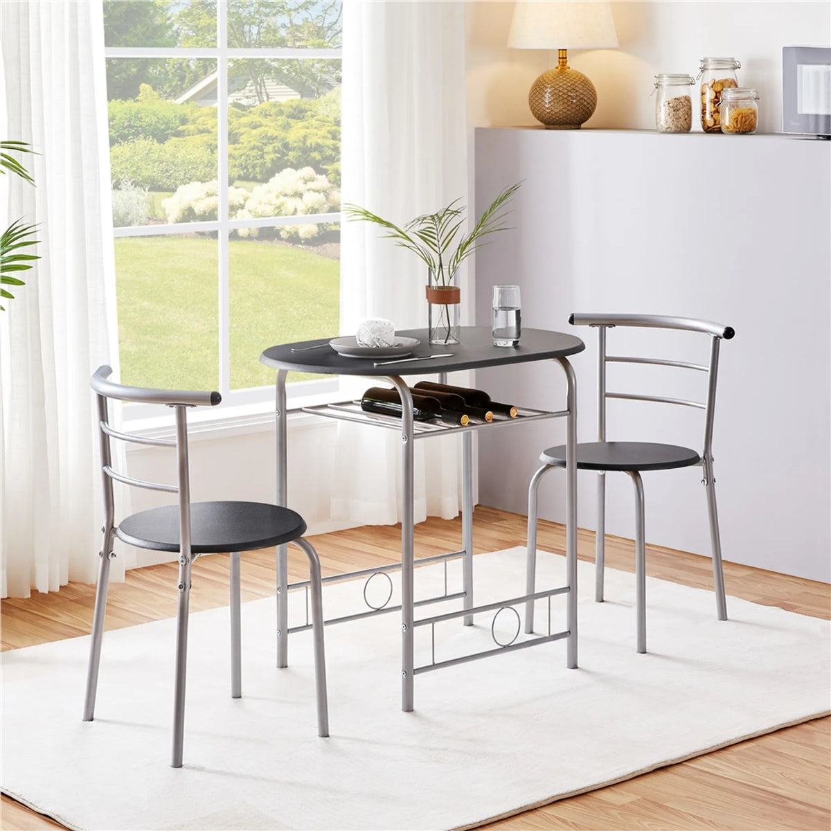 Yaheetech Dining Set von 3 - Features Tisch mit 2 Stühlen und verstellbare Lagerung Regal und wasserabweisende Beschichtung - für Küche und Esszimmer - Schwarz Metall und MDF - 80 x 53 x 73,5 cm