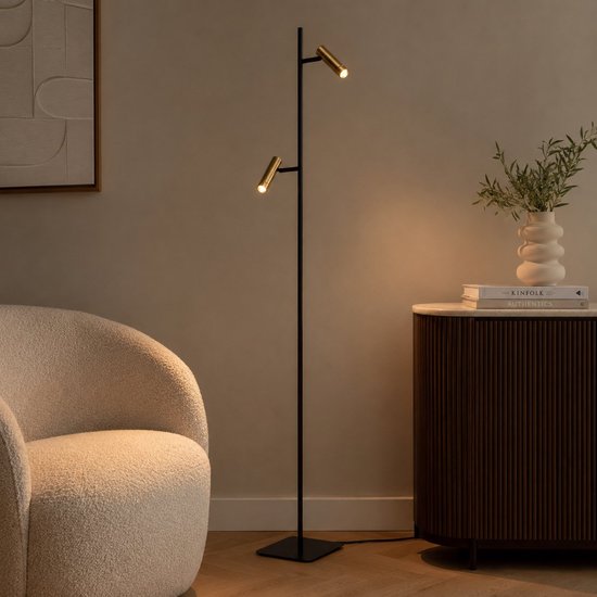 Stehlampe Lumo 4608BR – Moderne Leselampe mit zwei Leuchten aus Metall mit bronzefarbenen Akzenten, 125 cm hoch, dreh- und neigbar, Marke Mexlite