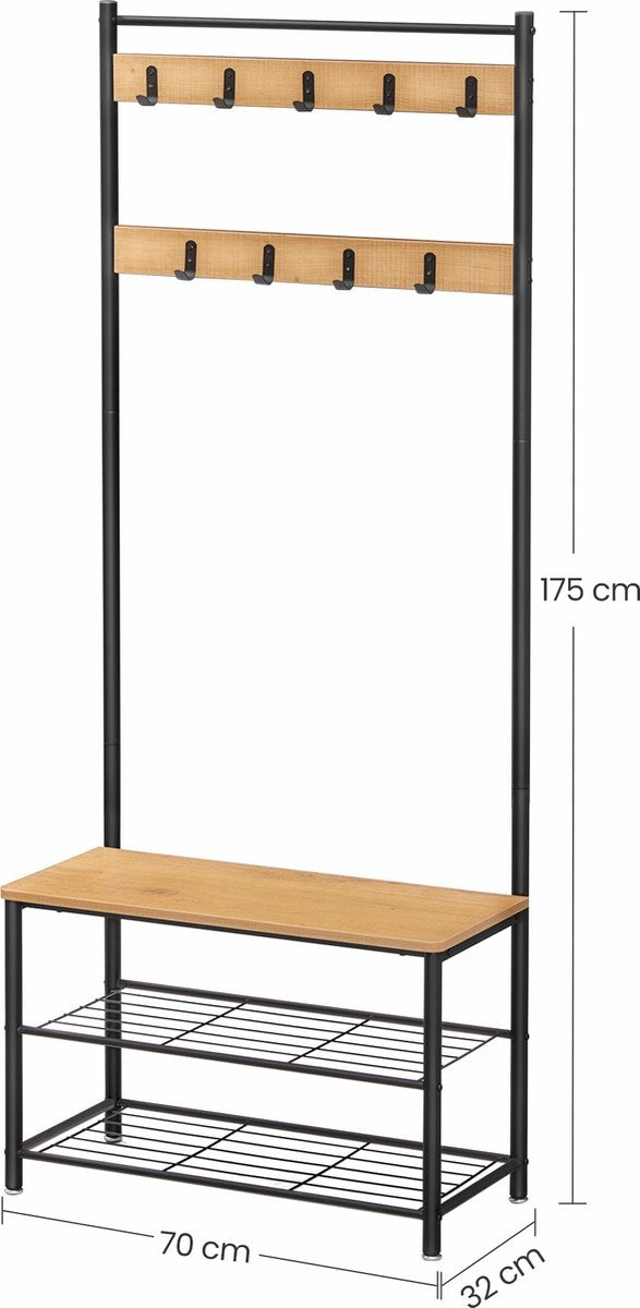 O'DADDYÂ¬Ã† Garderobenständer hochkant - Garderobe mit Schuhablage - 9 Haken 2 Lagen Schuhablage 6 Paar - Garderobe - 70 x 32 x 175 cm - Farbe Mango Holz