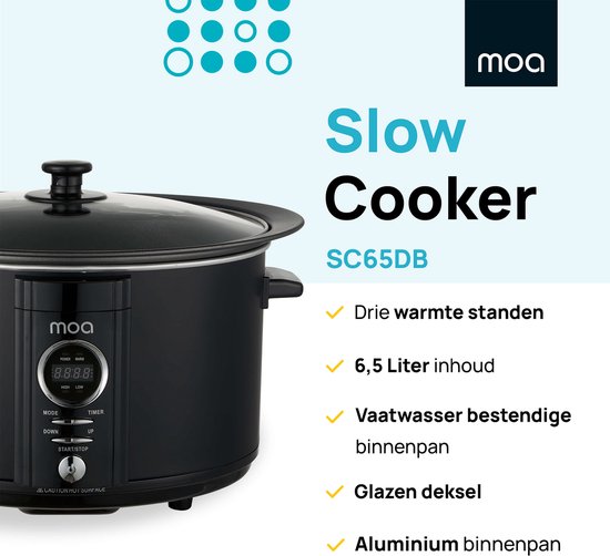 MOA Slowcooker mit Timer - 6,5L - Ø 24,5cm - Aluminium Innenbehälter - Transparenter Deckel - 3 Heizstufen - Spülmaschinenfest - BPA-frei - Schwarz