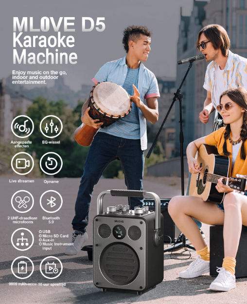 MLOVE D5 Karaoke-Anlage – 200 W – 2 drahtlose Mikrofone – Bluetooth – Schwarz