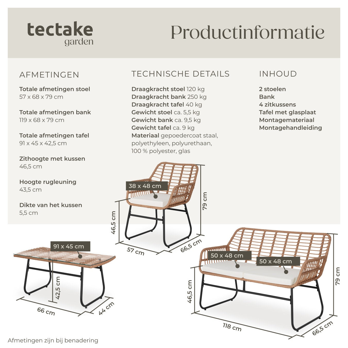 tectake Geflecht-Sitzgruppe Molfetta XL 4 Personen - Sofa 119x68x79 cm, Stühle 57x68x79 cm, Tisch 91x45x42,5 cm