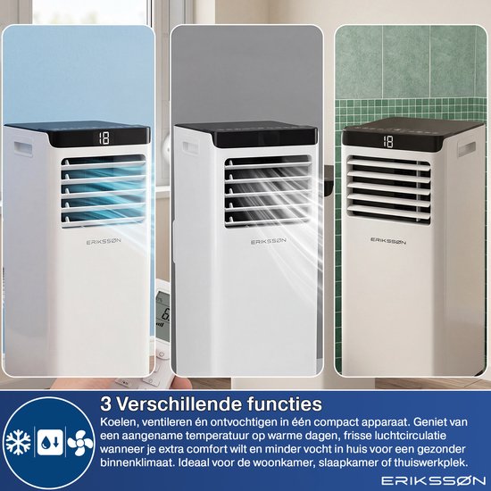 Erikssøn Mobile Klimaanlage – 10.000 BTU – inkl. Fensterdichtungsset – bis zu 30 m² – 4-in-1 – Klimaanlage – Ventilator – Luftentfeuchter – Weiß