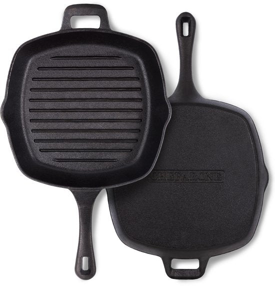 Chefarone Grillpfanne aus Gusseisen – 25,5 cm – Für Induktion, Gas, Backofen und Grill – Quadratische Grillpfanne mit Rillen – Perfekte Grillstreifen und gleichmäßige Wärmeverteilung – Pfanne mit Griff