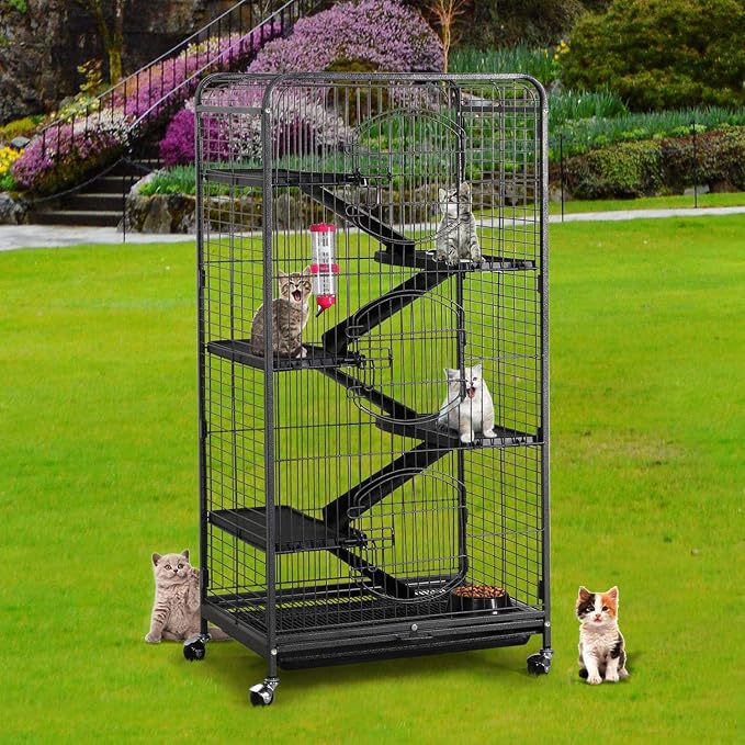 Yaheetech Nagetierkäfig 64 x 43,8 x 131,6 cm – Schwarz – Rollkäfig für Ratten, Frettchen, Chinchillas und Kaninchen