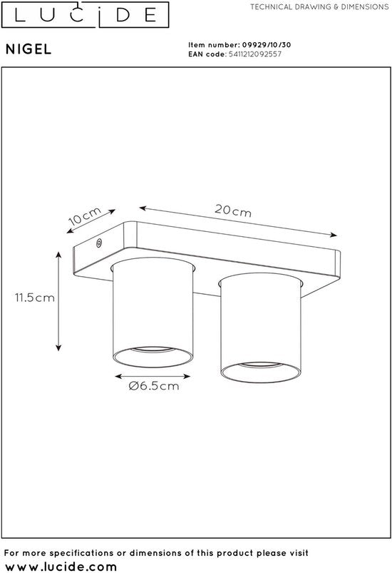 Lucide NIGEL – Deckenstrahler (Deckenleuchte) – LED „Dim to warm“ – GU10 – 2×5 W 2200 K/3000 K – Schwarz