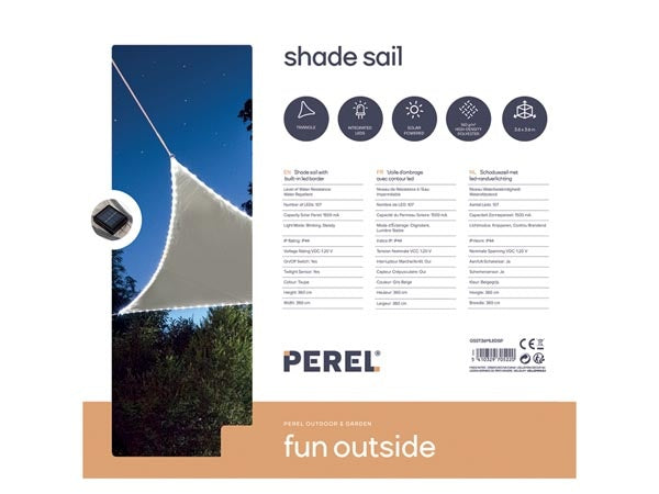 Perel Solarsegel mit Led-Randbeleuchtung - Dreieck - 3.6 X 3.6 X 3.6 M - Taupe