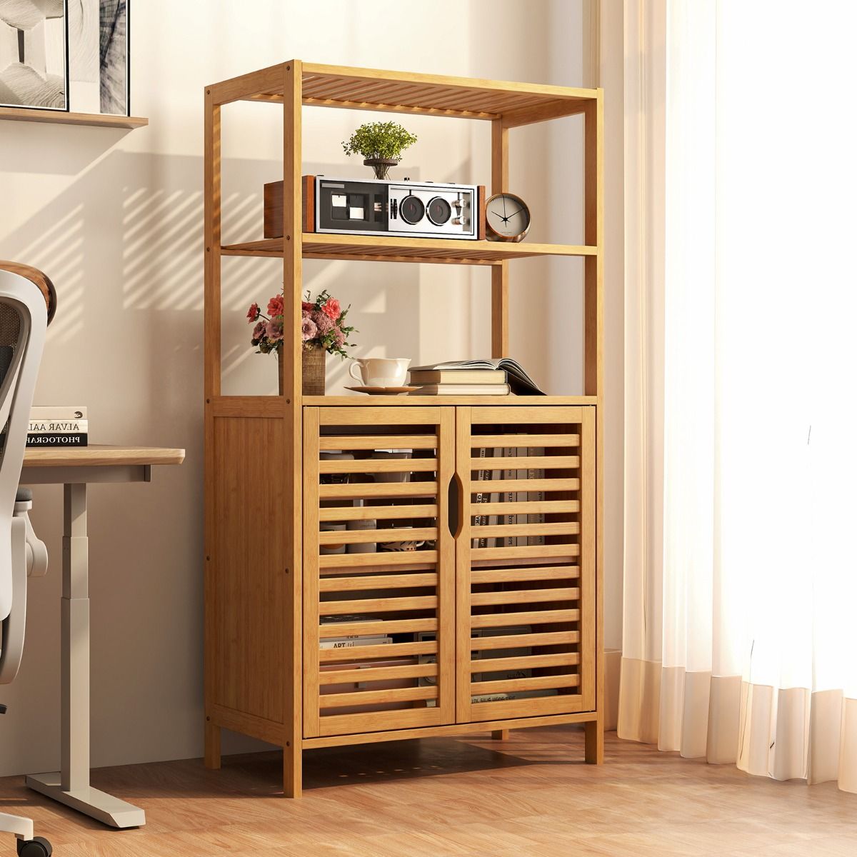 Coast Bamboo Bücherregal mit Türen - 4-Layer Storage Cabinet mit Lamellentüren - 60 x 33 x 116 cm - Natural
