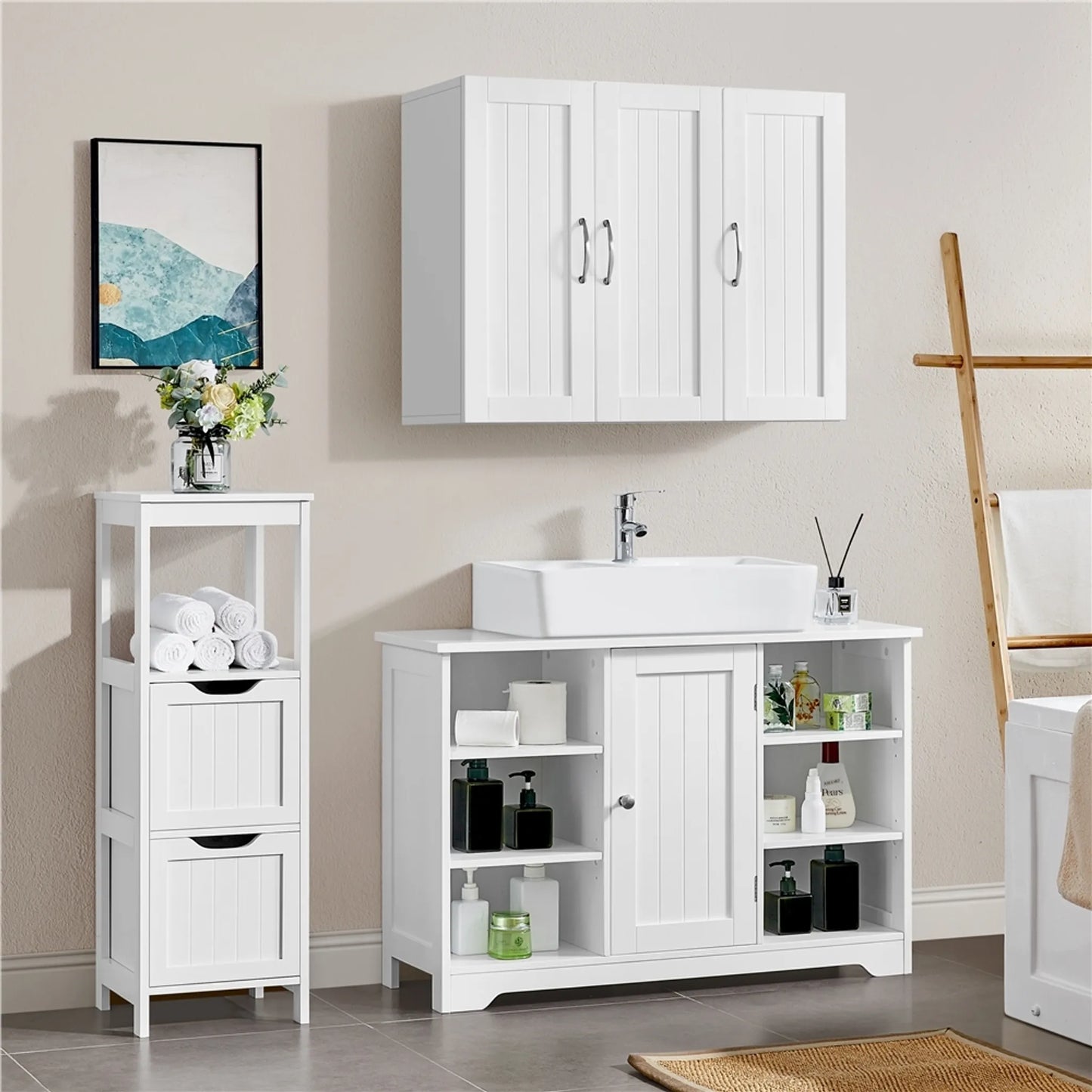 Yaheetech Waschtischmöbel mit verstellbaren Einlegeböden - ausgestattet mit Siphonaussparung und offenen Seitenfächern und Schranktür - für Bad und Toilette - Weiß Mdf - 90 x 30 x 60 cm