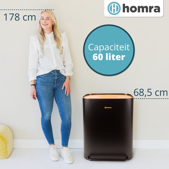 Homra Rockx Mülleimer 60 Liter – Duo-Treteimer 2×30 l mit Geruchsfilter – Edelstahl-Mülltrennbehälter mit 2 Fächern – Recycling-Mülleimer – Küchenmülleimer – Mülleimer zur Mülltrennung – Doppel-Mülleimer in Schwarz und Kupfer