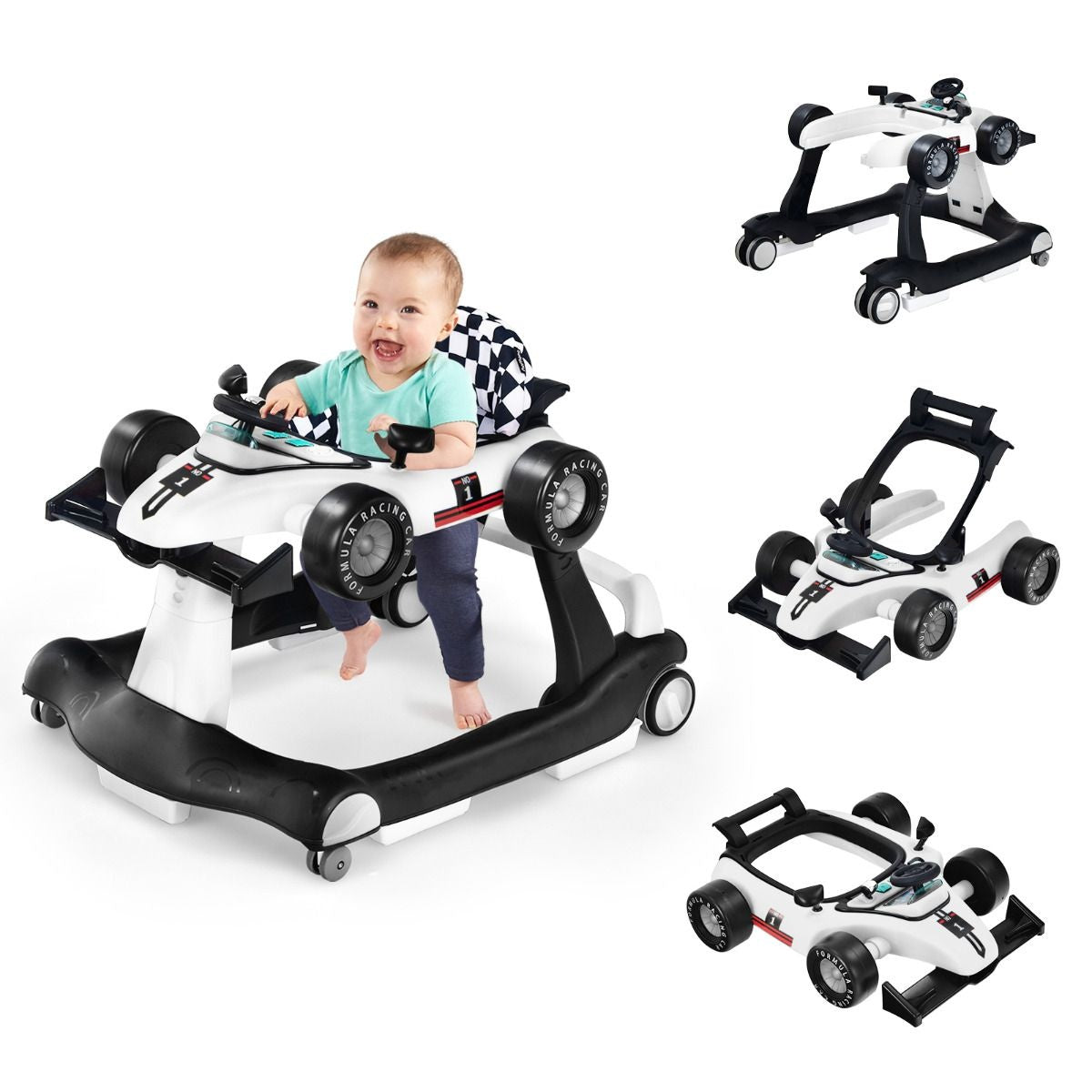 Coast 4-in-1-Kinderwagen - Mit verstellbarer Höhe und Geschwindigkeit Babywagen - Mit Anti-Rutsch-Pads - Zusammenklappbarer Lauflernwagen - Schwarz/Weiß
