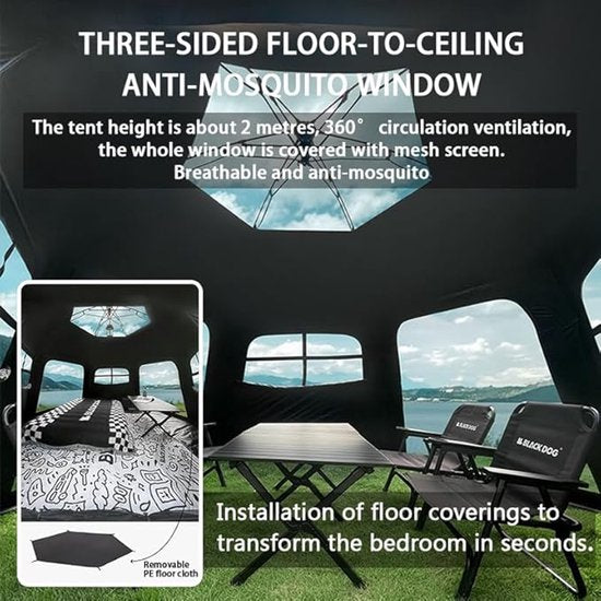 Black Dog Dome-Zelt – Hochwertiges Campingzelt für 6–8 Personen – Sechseckig, automatisch aufstellbar – Tragbares Familienzelt – Zusammenklappbares Vinyl – Schutz vor Sonne und Regen – Schwarz