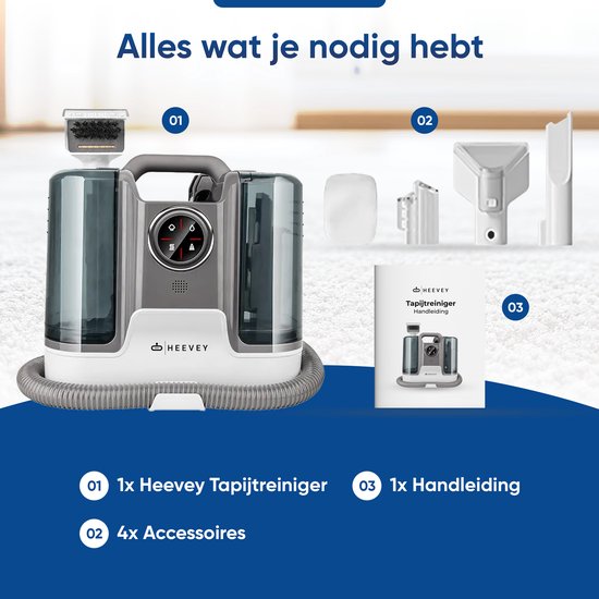 Heevey - Dampfreiniger - mit 100° Grad Dampffunktion - 3 Aufsätze - 1800ml Wassertank - Grau