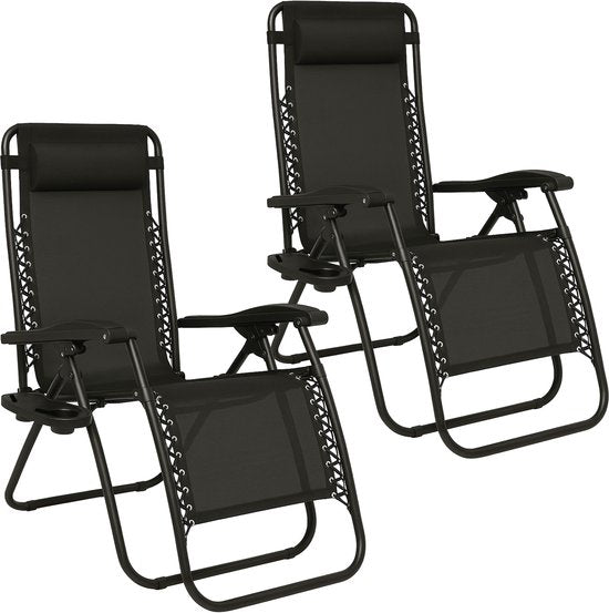 Brixy Klappbare Gartenstühle, 2er-Set – Liegestühle – Klappbar – Verstellbar – Ergonomisches Kopfkissen – Metall – Textileen – Schwarz