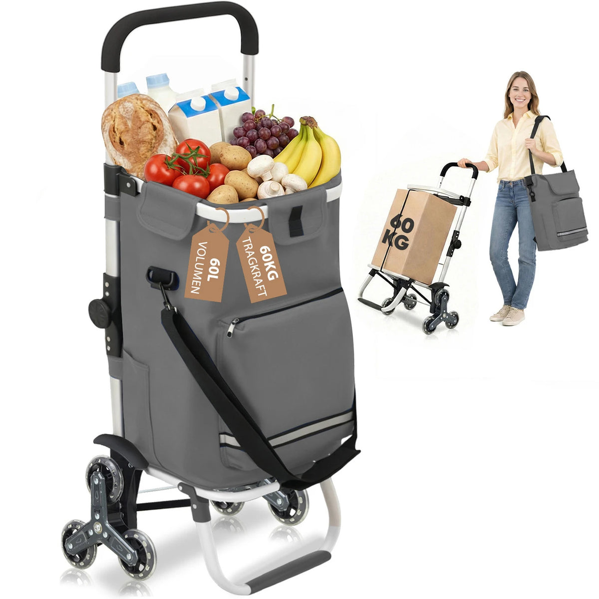 Sekey Einkaufswagen mit Treppenfahrfunktion, 60 l, grau, 36 x 42 x 98 cm