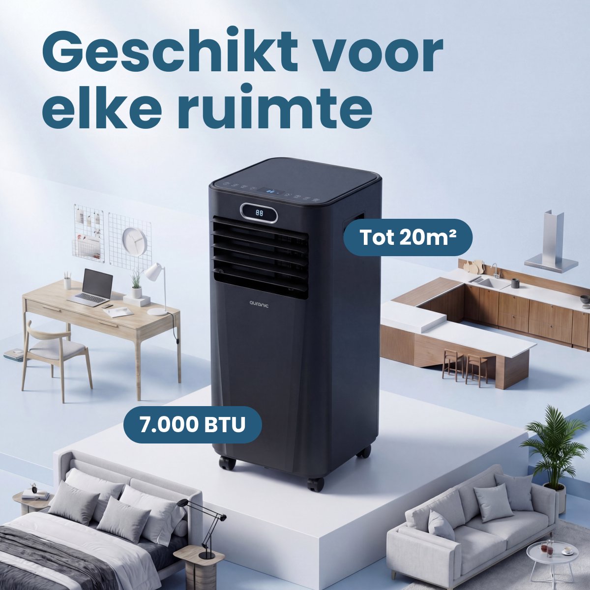 Auronic Mobile Klimaanlage Weiß – 7000 BTU – Bis zu 20 m² – 3-in-1 – Mit Fensterdichtungssätzen