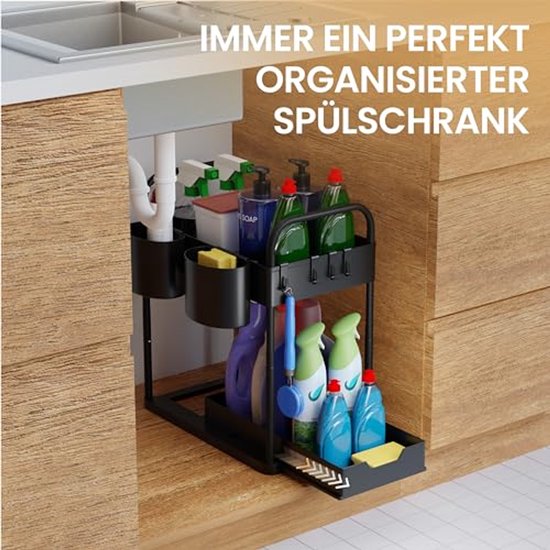 HELDENWERK Spülenregal für Spülenunterschrank, höhenverstellbar mit 2 Ebenen in schwarz, Küchenorganizer, Unterschrank, Gewürzregal, Spülenunterschrank-Organizer