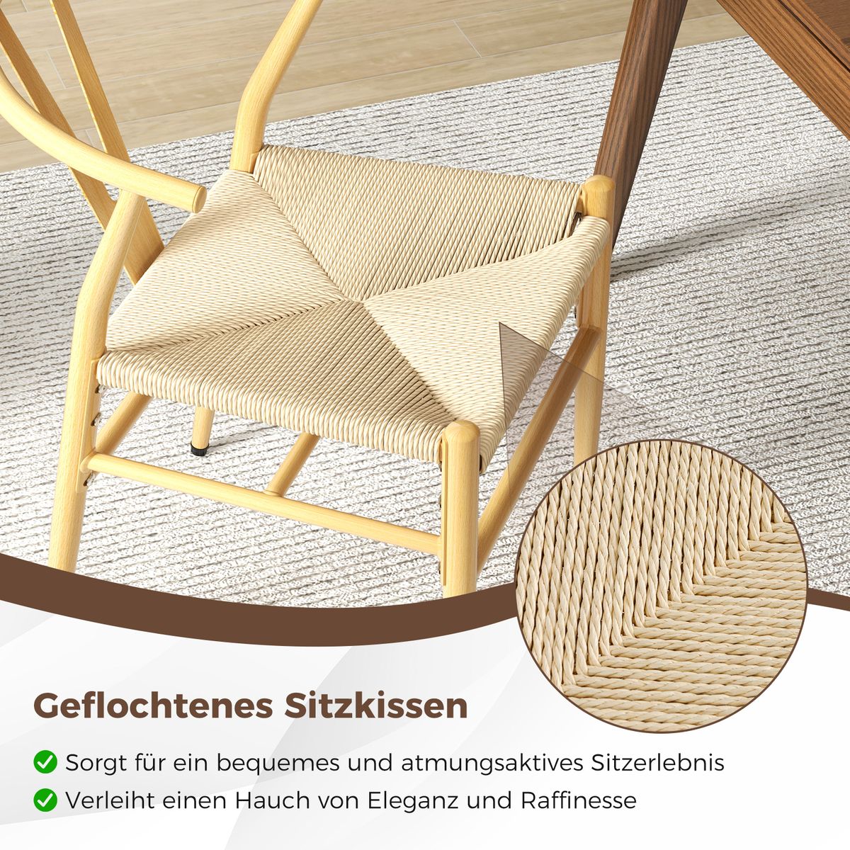 Coast Esszimmerstühle, 2er-Set – Y-förmige Rückenlehne – Sitzfläche aus geflochtenem Rattan – Naturfarben