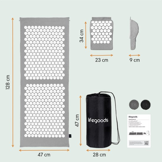 LifeGoods Akupressurmatte XL - Mit Kissen - Shakti-Matte - Nagelmatte inkl. 2x Triggerpunktball - 128x48x2cm - Grau/Weiß