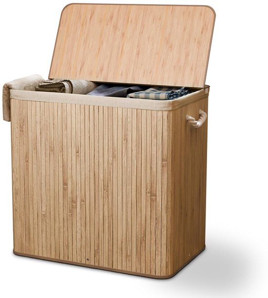 Juskys Bambus-Wäschekorb Curly Natural 150L - Hygienischer Wäschekorb mit Deckel, Tragegriff & Wäschesack - 3 Fächer - Natürliche Bambusoptik