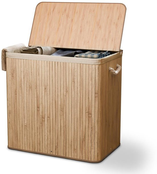 Juskys Bambus-Wäschekorb Curly Natural 150L - Hygienischer Wäschekorb mit Deckel, Tragegriff & Wäschesack - 3 Fächer - Natürliche Bambusoptik