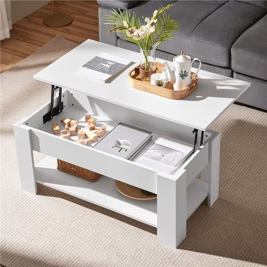 Yaheetech Couchtisch – Verstellbar – Mit Gasfeder-Hebemechanismus, Schaumstoffkappen und offenem Stauraum – Für Wohnzimmer und Sitzecke – Weißes MDF und Metall – 98 x 50 x 42 cm