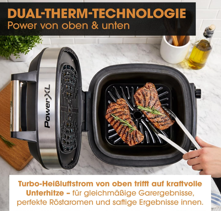 PowerXL Multi-Kocher 12-in-1 ohne Grillplatte – 5,7 l – 1200 W – Silber/Schwarz – Heißluftfritteuse und Slow Cooker
