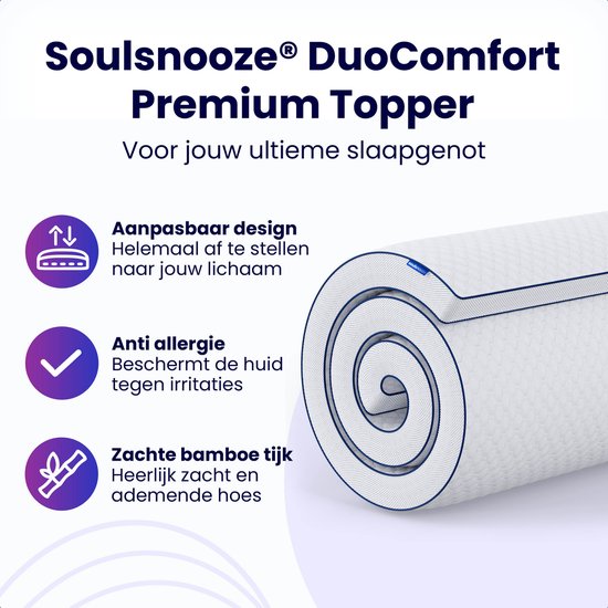 SoulsnoozeÂ¬Ã† - DuoComfort Premium Topper 90x200 cm - Top Matratze - Verstellbares Design - 3D Air Mesh - Memory Foam Matratze - 30 Nächte Probeschlaf - Waschbarer Bezug - Anti Allergie