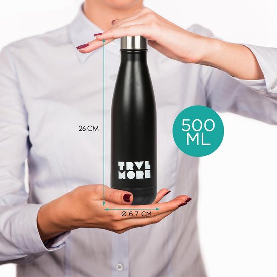 TravelMore Edelstahl-Trinkflasche – Sport-Thermobecher – Wasserflasche mit Kühl- und Wärmeisolierung – Isolierte Trinkflasche – Auto – Fitness – Outdoor – Laufen – Erwachsene – BPA-frei – Doppelwandig – Stiel – Stahl – 500 ml – Schwarz