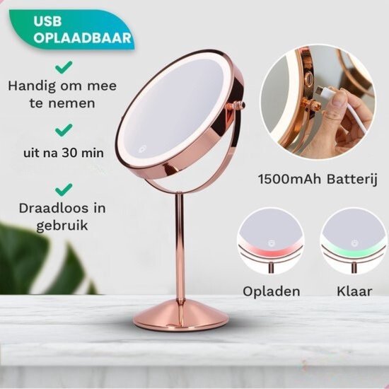 Mirlux Make-up-Spiegel mit LED-Beleuchtung - 10-fache Vergrößerung - Rasierspiegel Small On Foot - 3 Lichtstufen - wiederaufladbar - Vergrößerungsspiegel Pink Gold