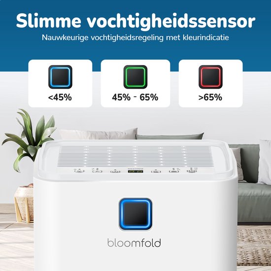 Bloomfold Luftentfeuchter - 12L pro Tag - inkl. Wasch-Trocken-Funktion - geeignet für Wohnzimmer, Schlafzimmer & Badezimmer - Luftentfeuchter - Weiß