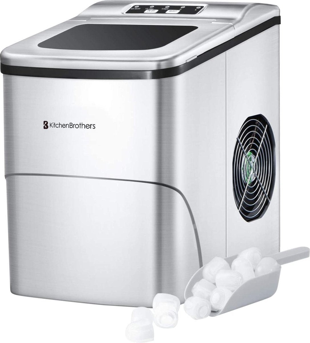 KitchenBrothers - Eiswürfelmaschine - 2 Liter - 6-8 Min. - 12kg/24h - mit Eisportionierer - Silber