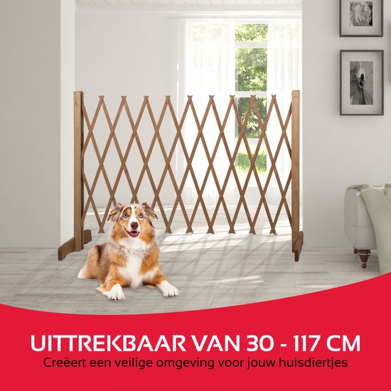 Pet Treatment Hundezaun - ausziehbar von 30 auf 117 cm - für Treppen oder Türöffnungen - Holz