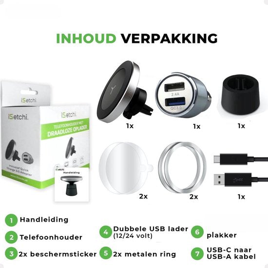iSetchi Handyhalterung für das Auto mit kabellosem Ladegerät (15 W Schnellladegerät, silber) – Autoladegerät inklusive 12-V-Quick-Charge-Ladegerät – magnetisch