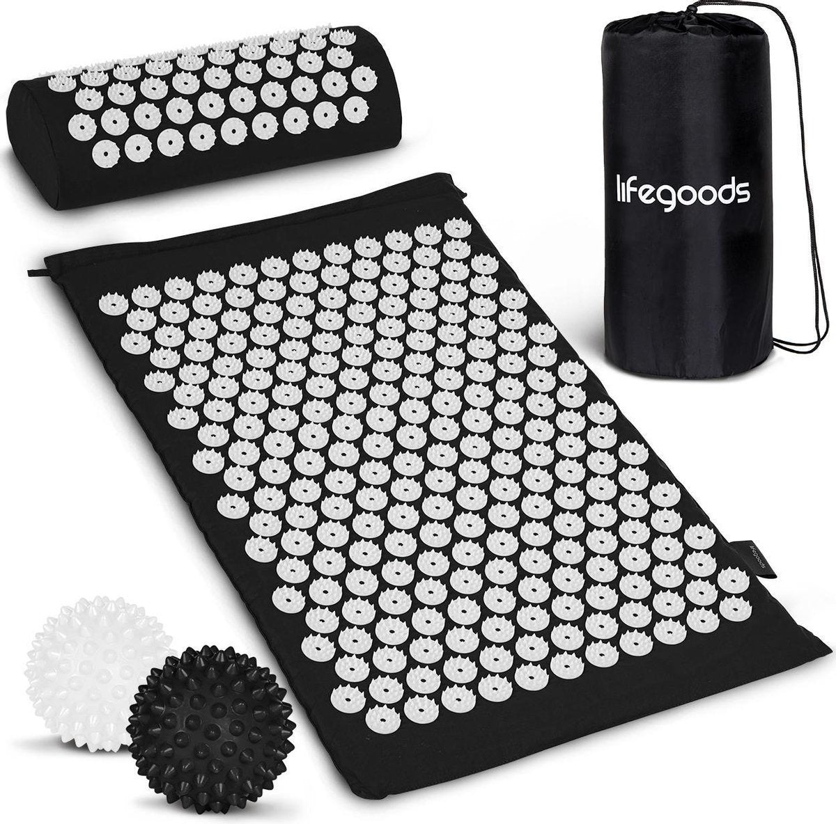 LifeGoods Akupressurmatte - Mit Kissen - Shakti Matte - Inkl. 2x Triggerpunkt Ball - 66x40x2cm - Schwarz/Weiß