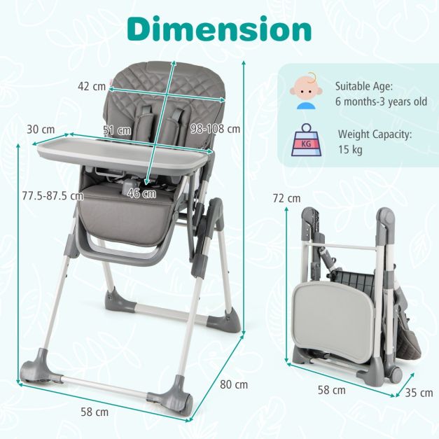 Coast Klappbarer Kinderstuhl mit Liegefunktion – Verstellbarer Baby-Kinderstuhl mit 5-Punkt-Gurt, Rollen und abnehmbarem Tablett – Grau