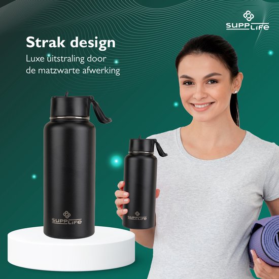 Supplife Luxus-Thermosflasche / Trinkflasche aus Edelstahl – 1 Liter – BPA-frei und auslaufsicher – Trinkflasche mit Strohhalm – Doppelwandige Isolierung – Thermosbecher – Ausgießverschluss und Verschluss mit Strohhalm – Inklusive Reinigungsbürste – Schwa