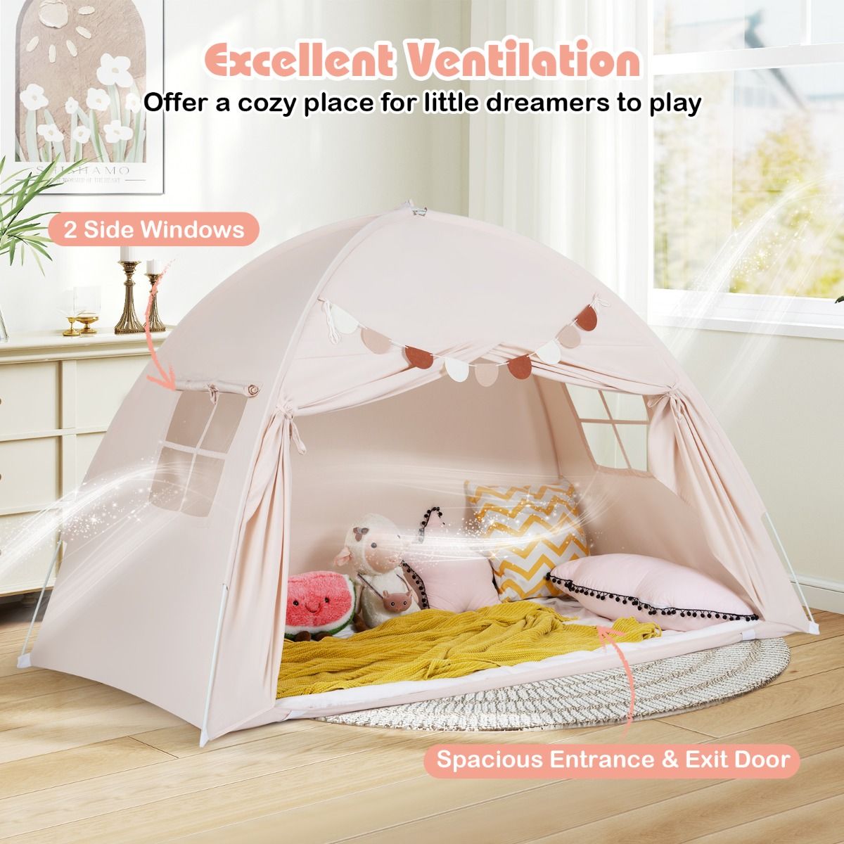 Coast Kinderzelt für zwei Personen – Zusammenklappbares Baldachinzelt – Mit Fenstern und Fahnenbanner – 201 x 100 x 122 cm – Beige
