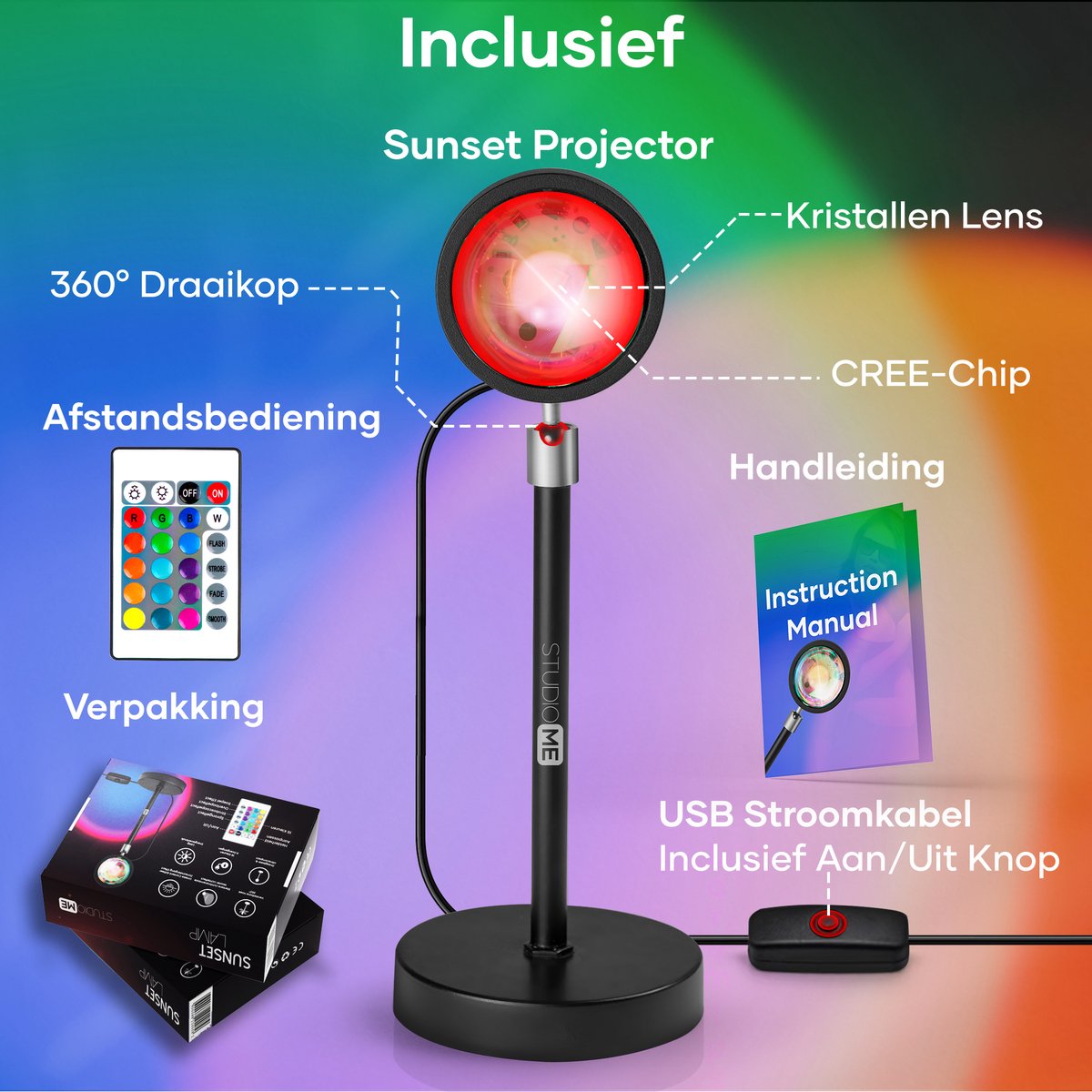 Studio ME Sunset Lamp - Ambientelampe - 16 Farben - Ambientelicht für Innenräume - Galaxy Projektorlampe - Inkl. Fernbedienung - Tiktok Lampe - 360° drehbar - Projektorlampen