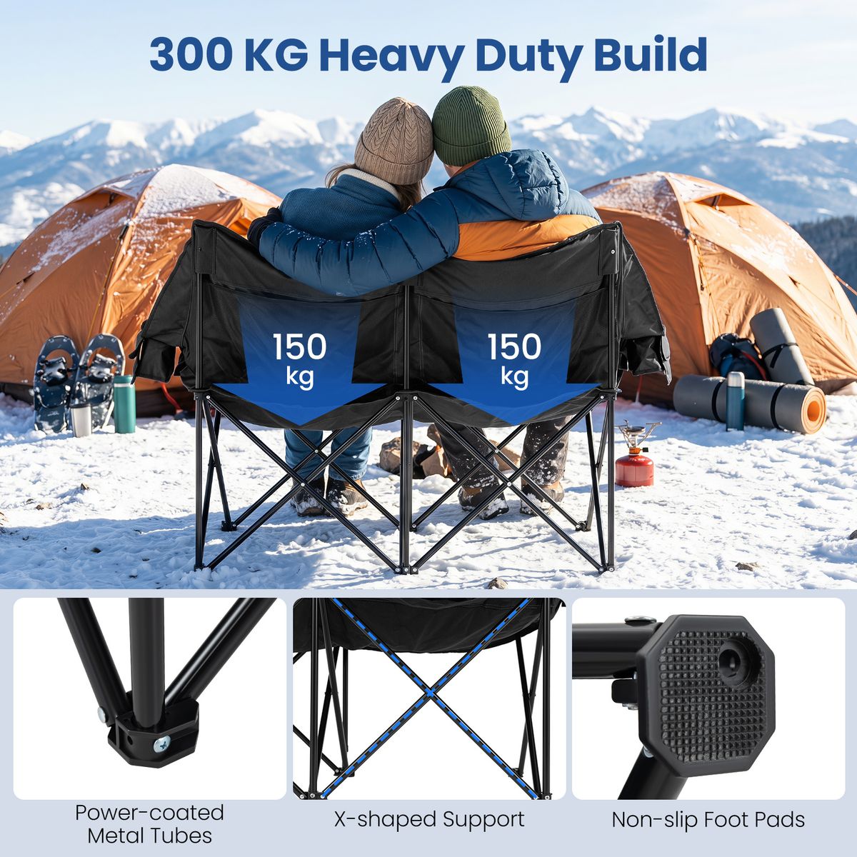 Coast Klappbarer Doppel-Campingstuhl – Beheizt – 3 Heizstufen – Schwarz