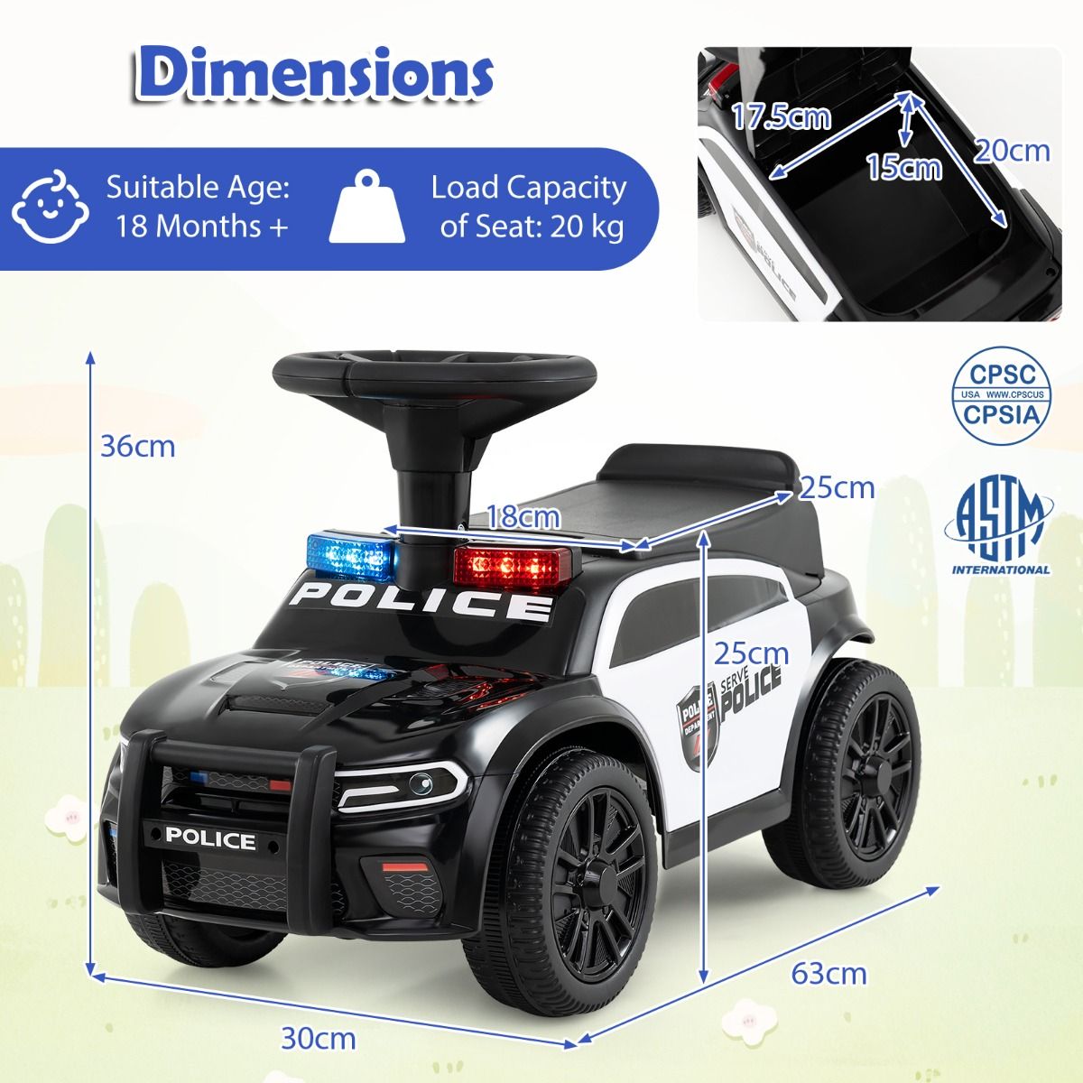 Coast Elektrisches Polizeiauto für Kinder – Blaulicht und Musik – Stauraum unter dem Sitz – Schwarz