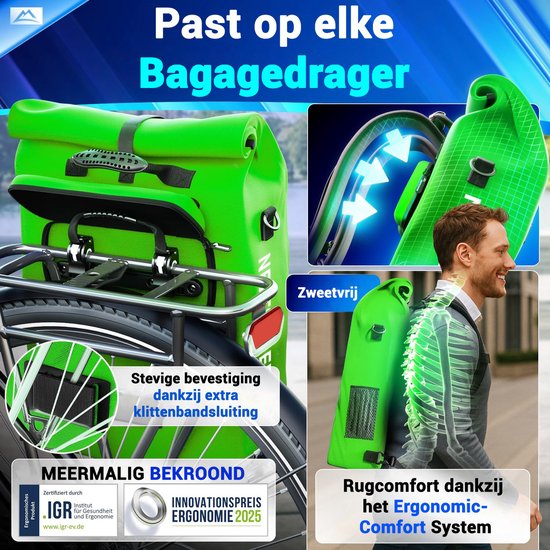 Nextcover 3in1 Fahrradtasche Single für Gepäckträger [PVC frei] | Wasserdichte Fahrradtasche, Rucksack und Umhängetasche 25L | Ideal für Laptop und Wocheneinkauf | Fahrradtasche Single | Fahrradtaschen
