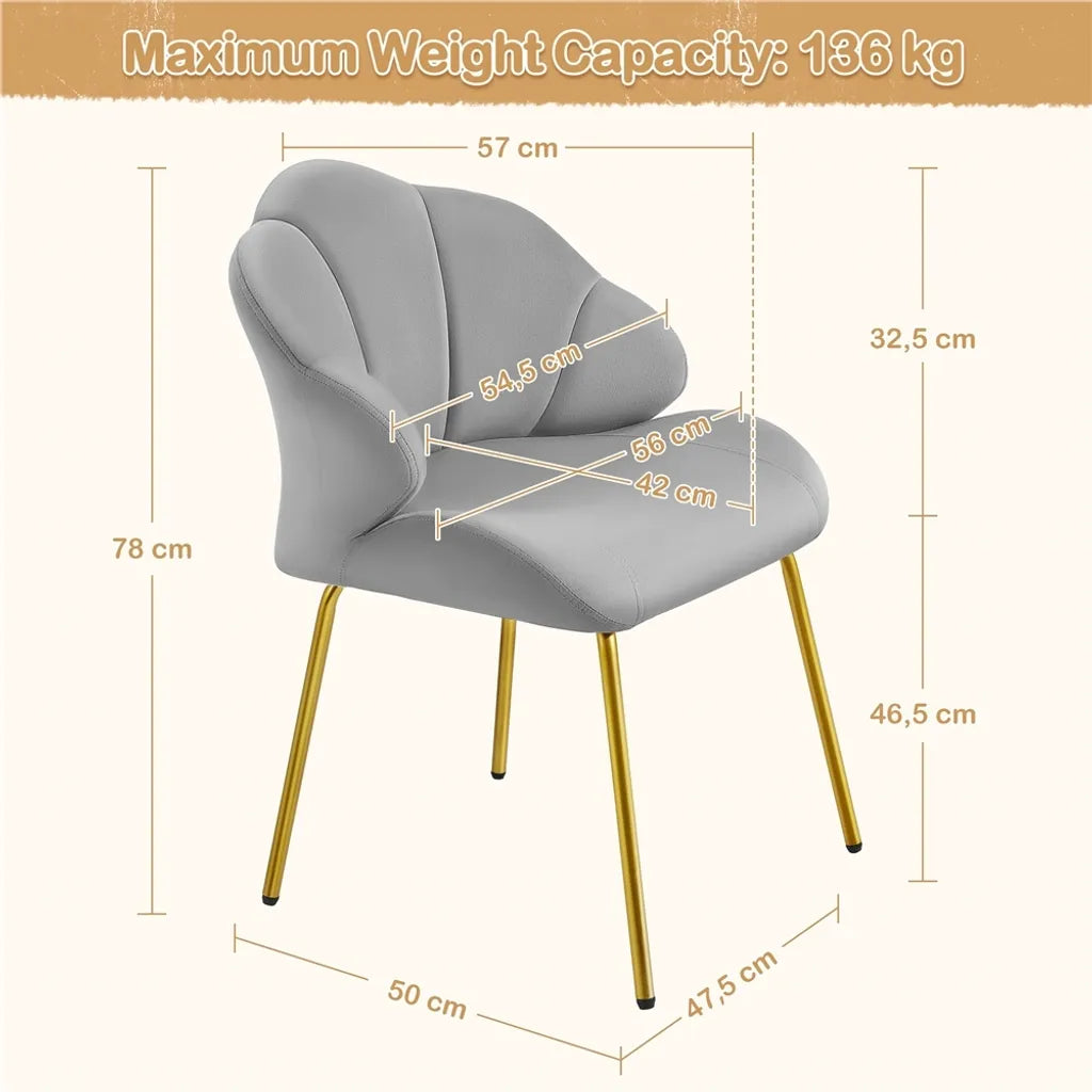 Yaheetech Esszimmerstuhl in Muschelform 56 x 57 x 78 cm – Hellgrau – Samtstuhl mit Metallbeinen