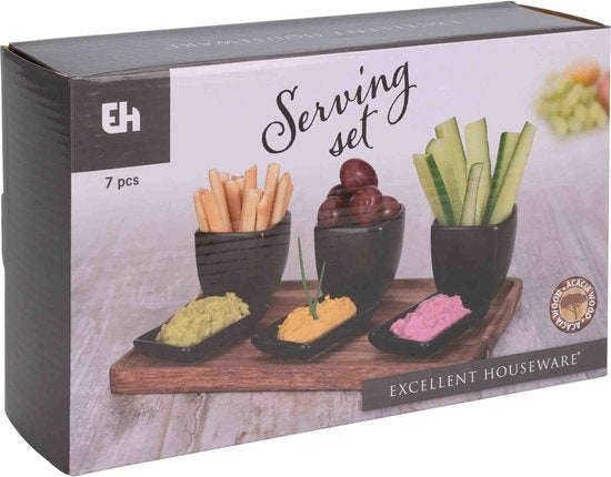Excellent Houseware Servierbrett mit 3 Schalen für Vorspeisen/Soße/Tapas - Holz - 25 x 16 cm