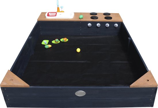 AXI Kelly Sandkasten mit Spielküche Anthrazit/Braun – Waschbecken inkl. 17-teiligem Zubehörset – Inklusive Abdeckplane und Bodenplane