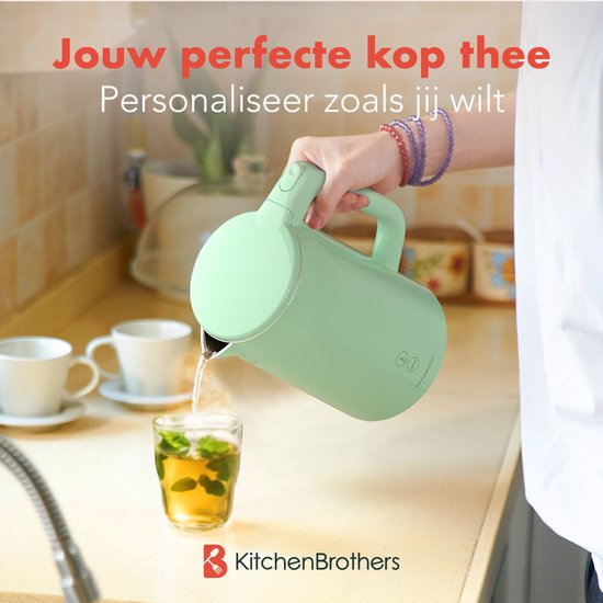 KitchenBrothers Wasserkocher - 1.7L - Mit Temperaturkontrolle - Elektrisch - Warmhaltefunktion - Display - Doppelwandig - Cool-touch - 2200W - Pastellgrün