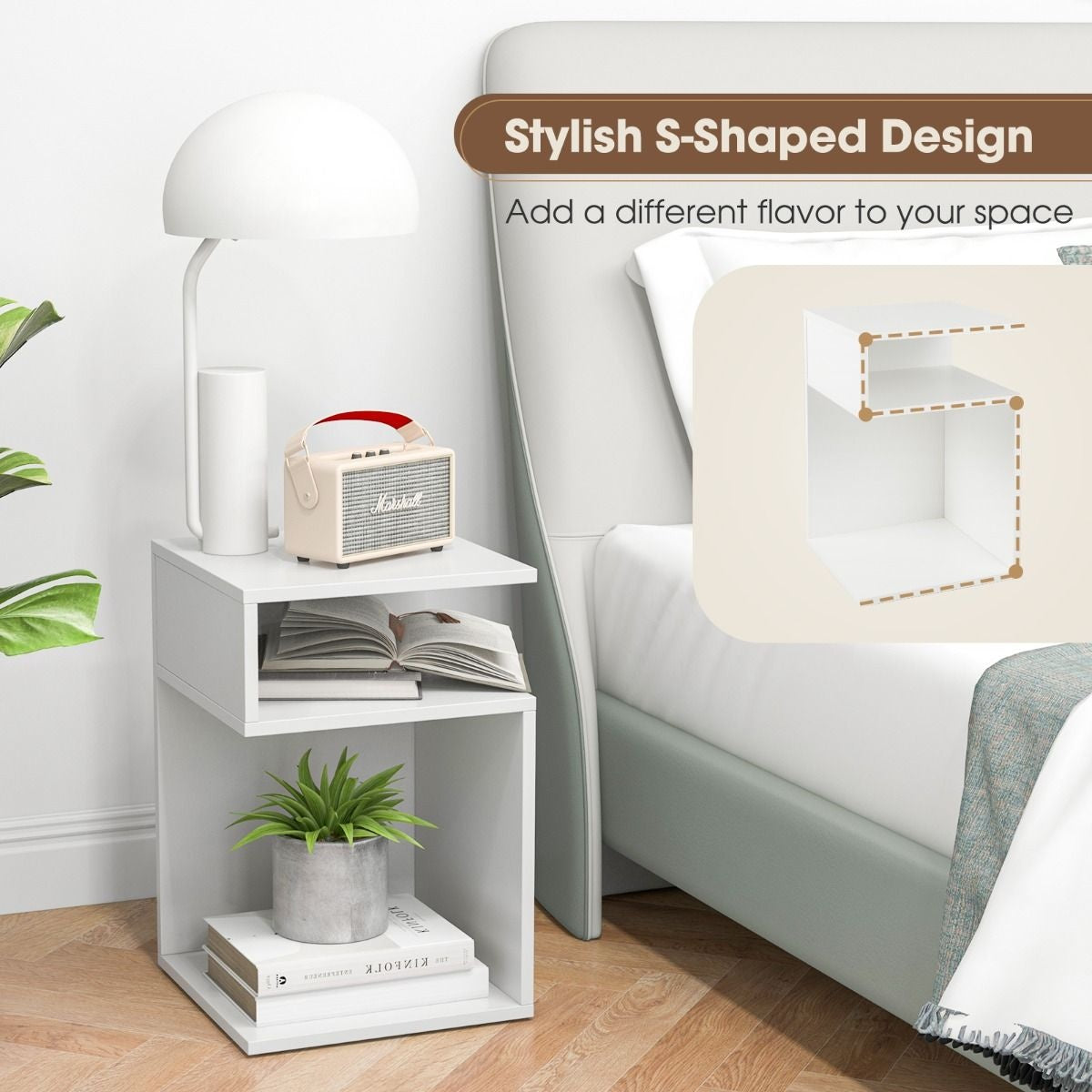S'-förmiger Wohnzimmer Bank Beistelltisch mit 2 offenen Gewölben Kleiner Couchtisch mit geometrischem Design Weiß