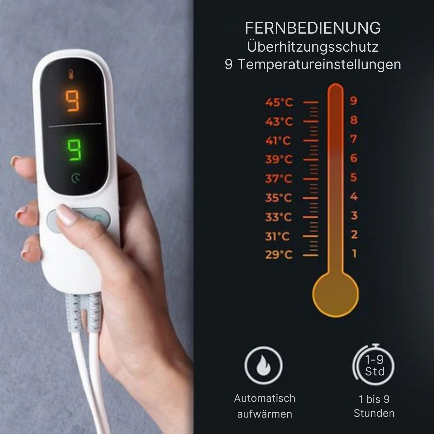 STAUS&BACH - XXL Heizdecke - bis 9 Stunden Timer - 9 Stufen - 180x160 cm - Waschmaschinenfest - Anthrazit